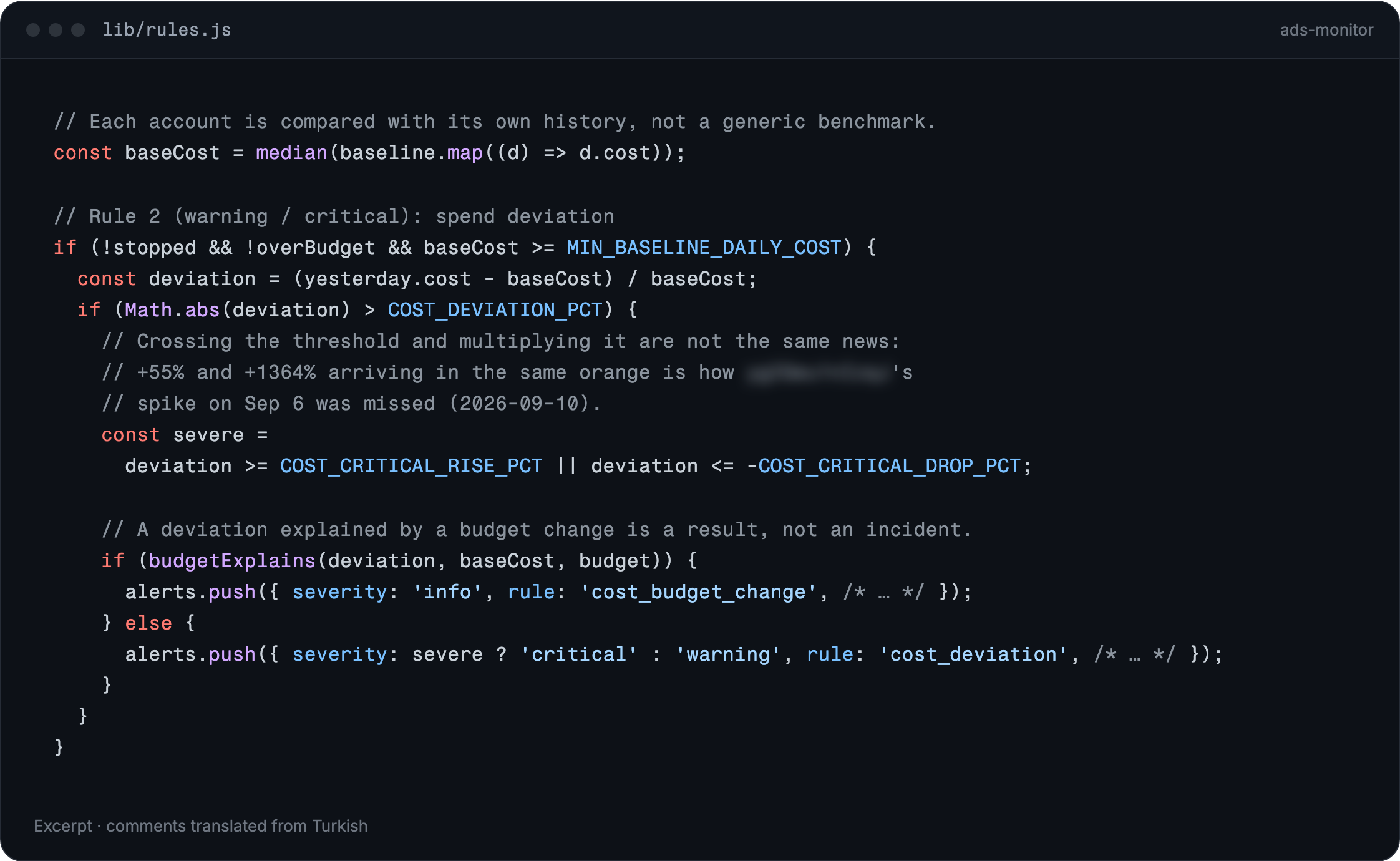 Code excerpt: the spend deviation rule using a seven-day median baseline