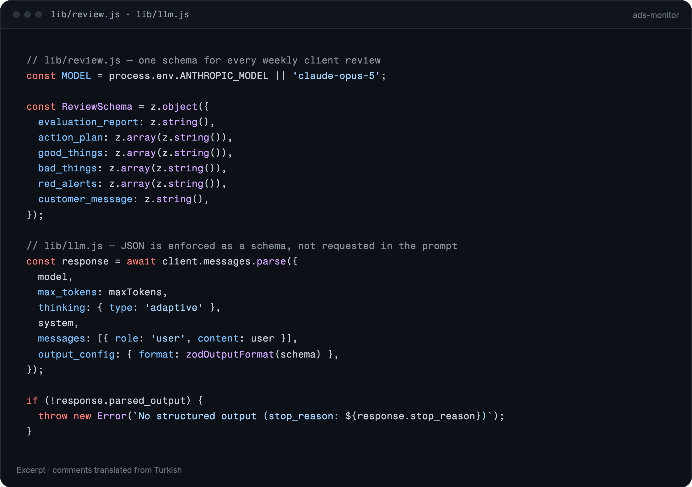 Code excerpt: the review schema and the Claude API call that enforces it