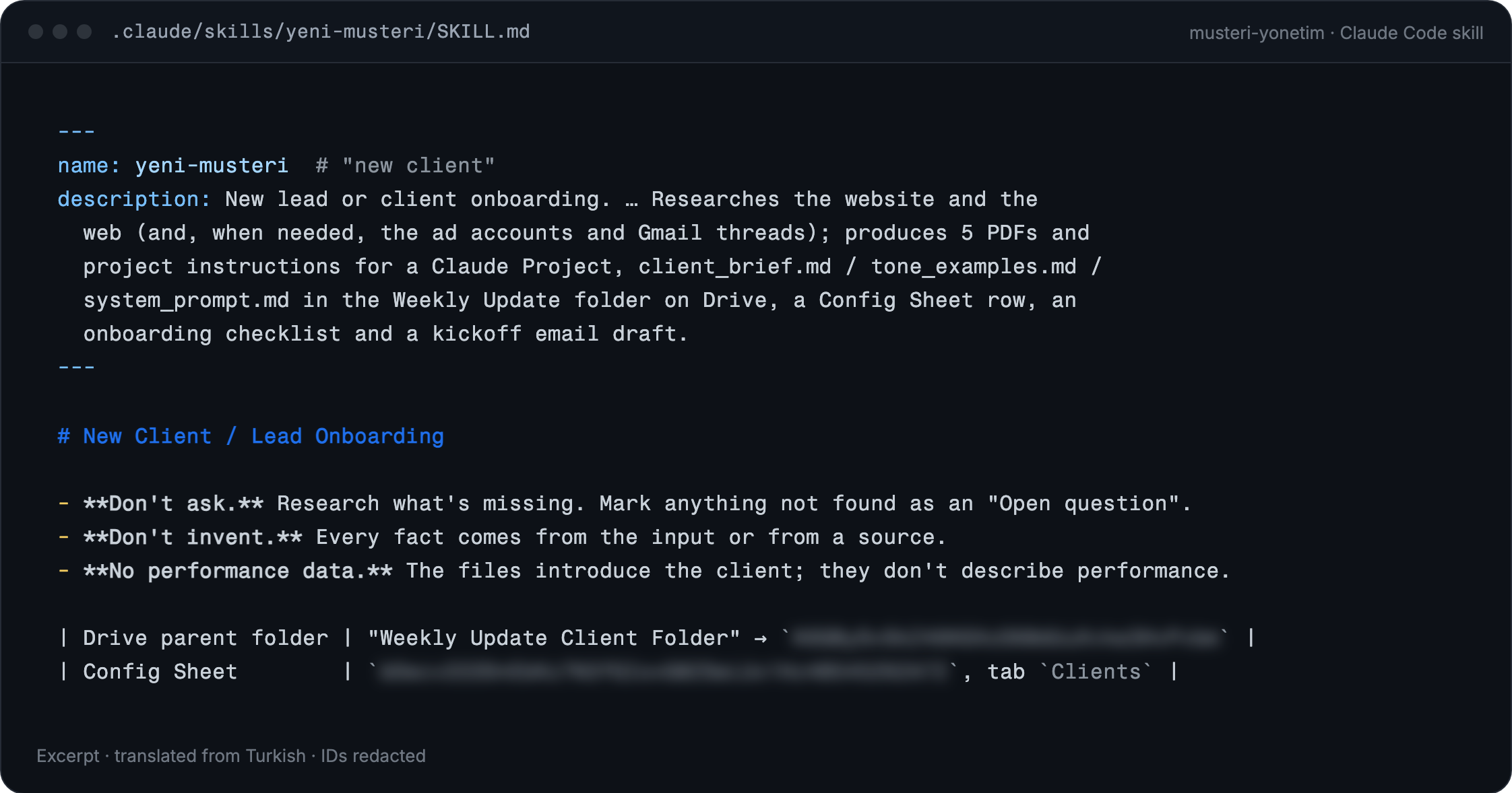 Excerpt of the Claude Code skill used to onboard a new client
