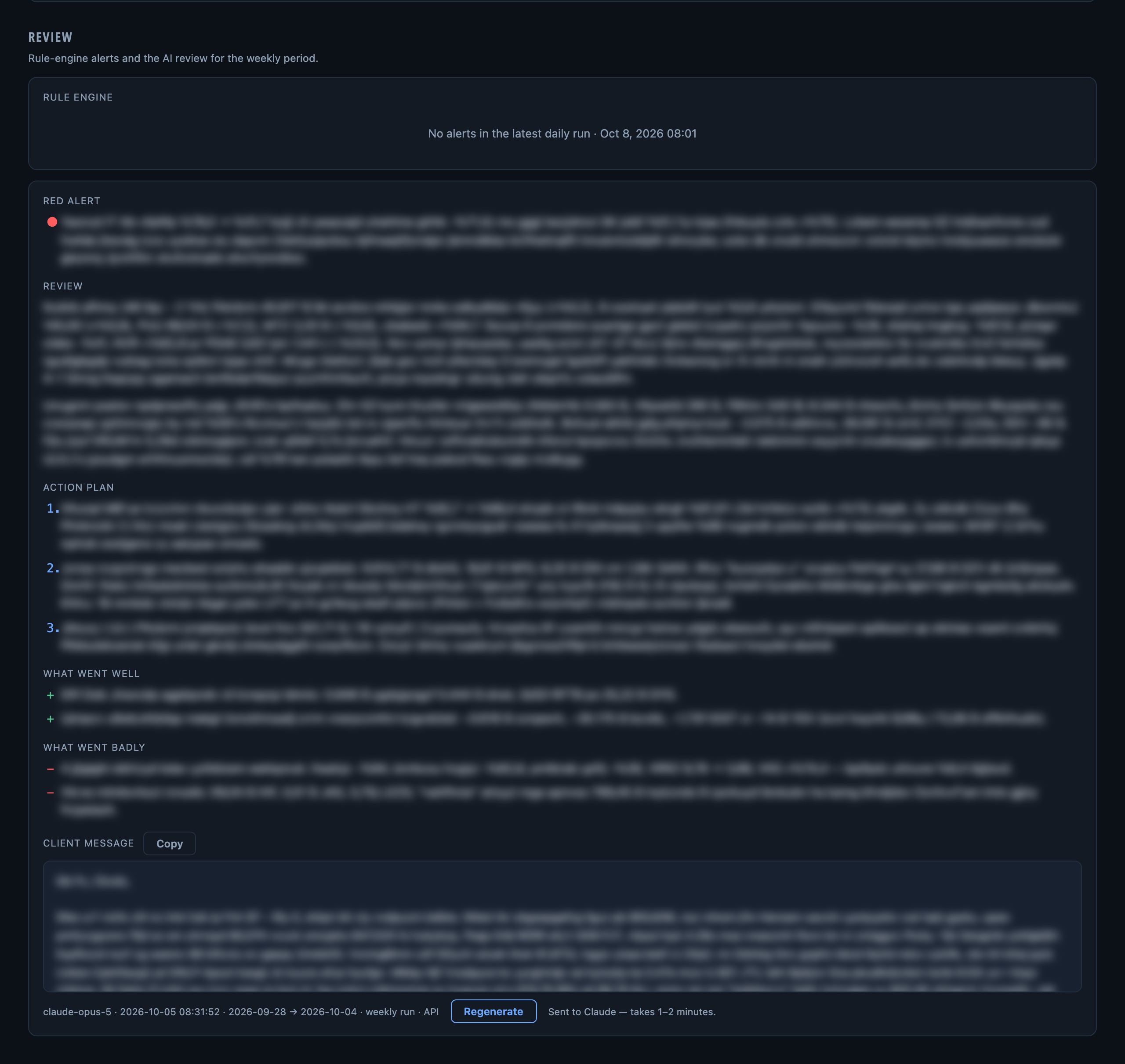 Claude's weekly review for one account: red alert, review, action plan, what went well and badly, and a client message draft